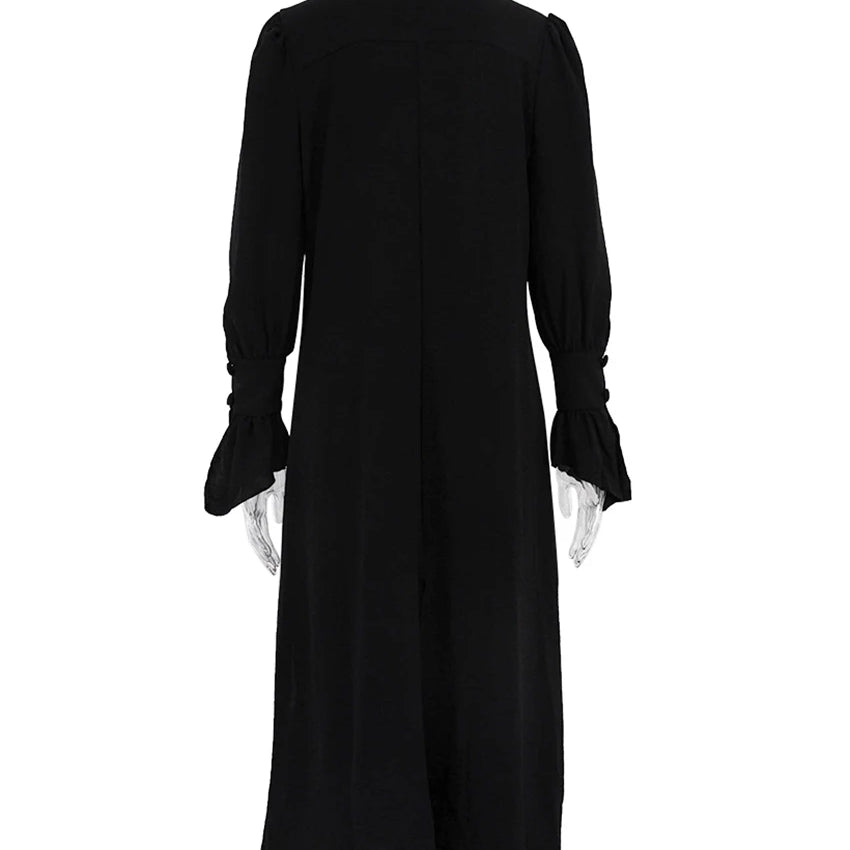 Elegant Blue Straight Womens Dresses Fashion Single Breasted Long Sleeve Dresses Casual Side Slit Mid-Calf Dress Female