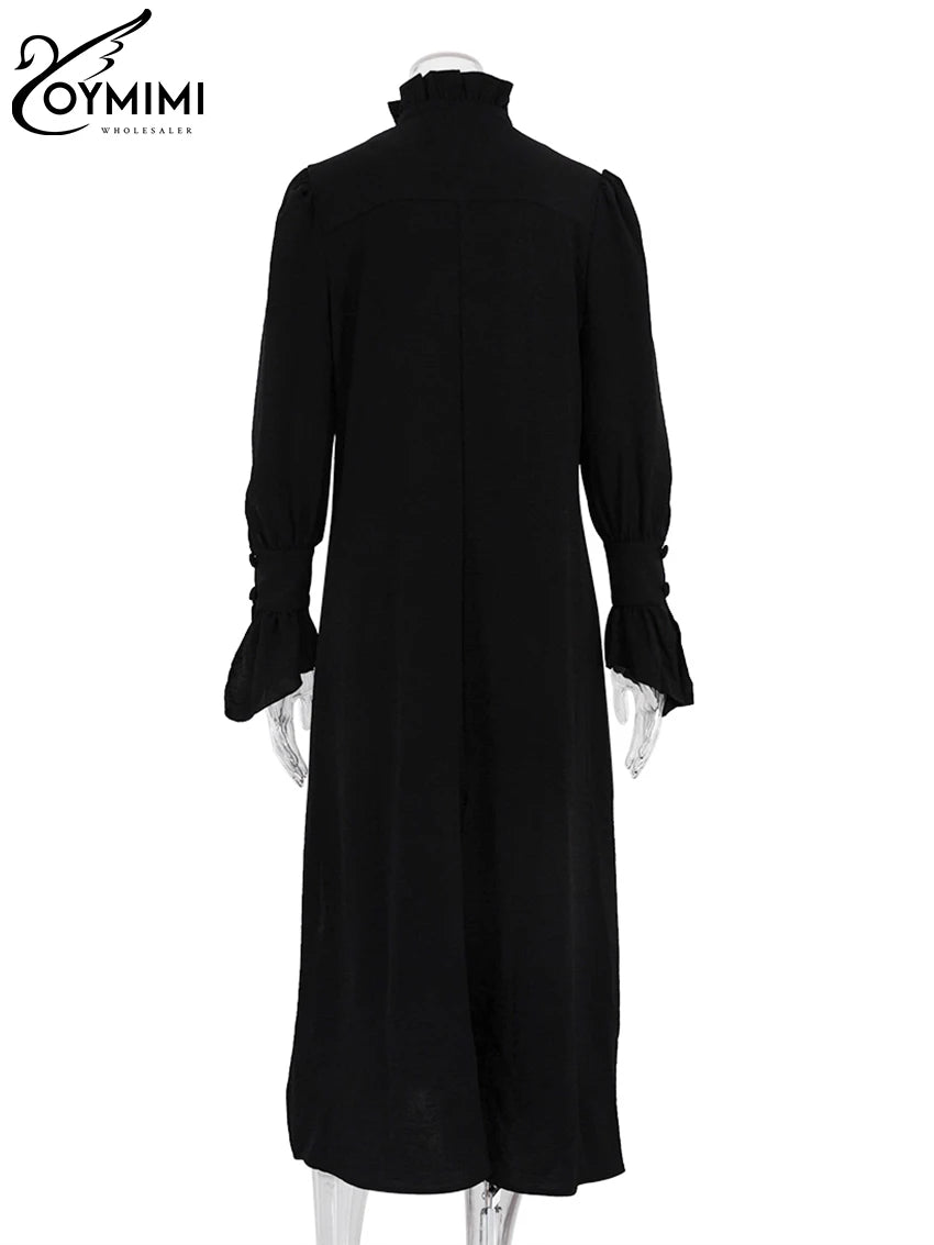 Elegant Blue Straight Womens Dresses Fashion Single Breasted Long Sleeve Dresses Casual Side Slit Mid-Calf Dress Female