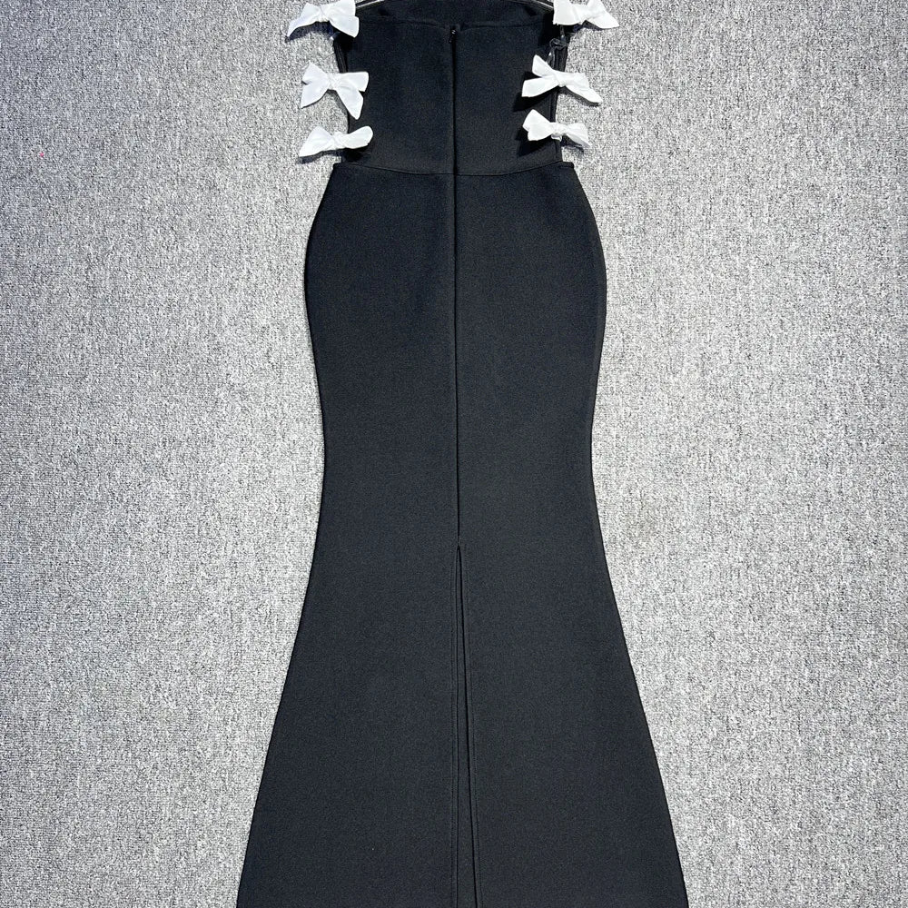 Red Black Women Sexy Off the Shoulder Bow Bodycon Bandage Long Dress Fashion Celebrate Evening Party Nightclub Wear