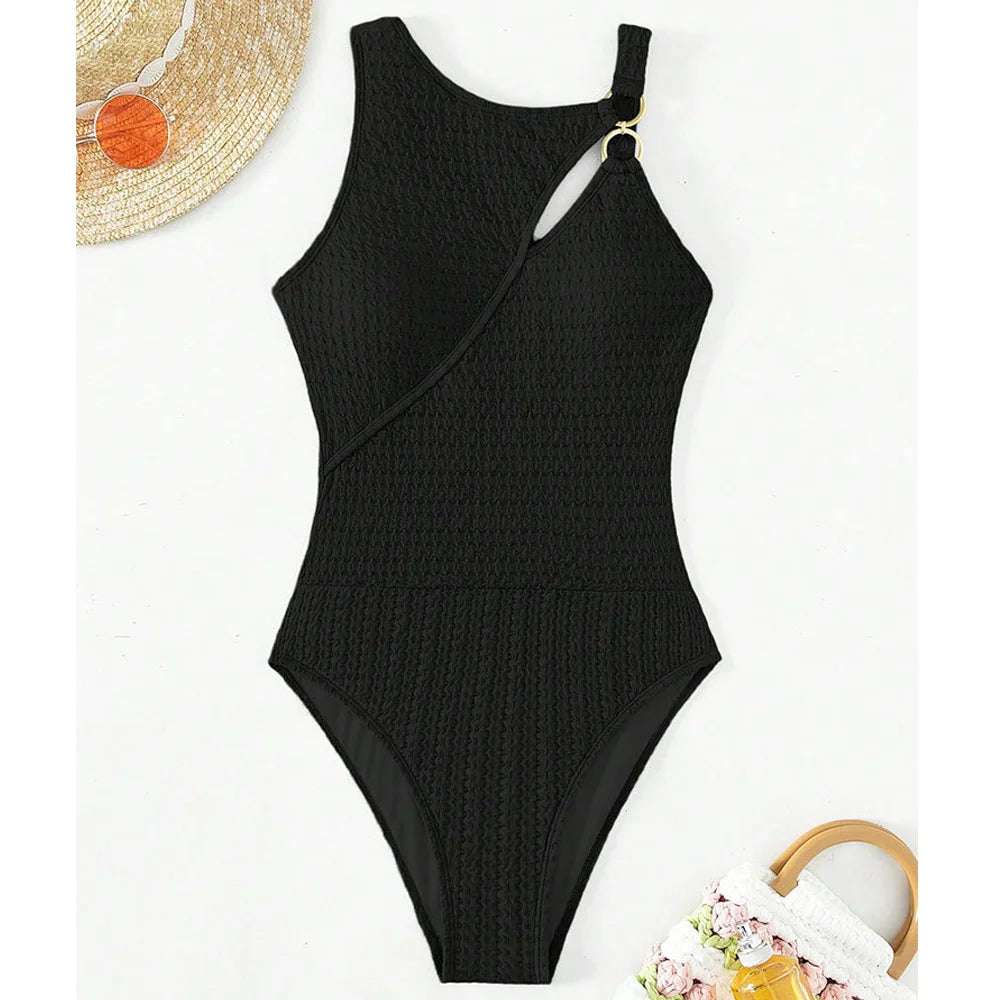 VigoCasey Solid Ring Patchwork Swimwear Women Sexy Hollow Push UP One Piece Swimsuit Monokini Summer Beach Bathing Suit