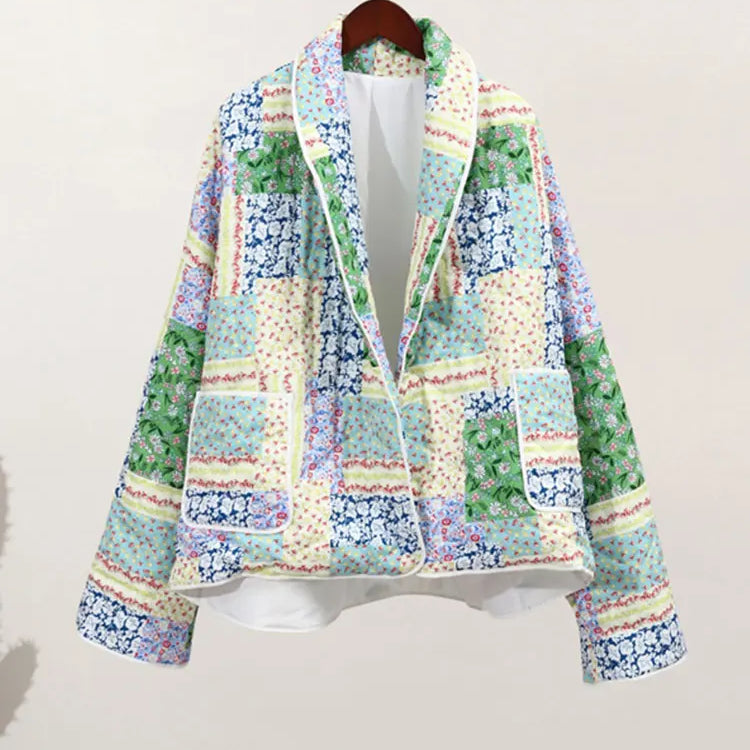 TRAFZA Women's Flower Print Coat Quilted Reversible Long Sleeve Open Front Two In One Jackets Autumn Vintage Streetwear