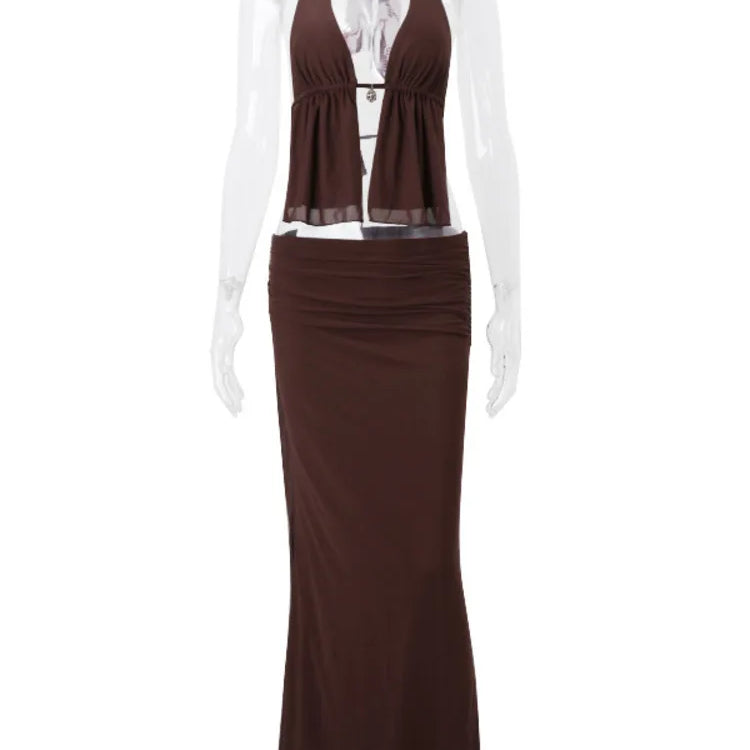 Hollow Out Lace-up Sexy Skirt 2 Piece Sets Women Brown Halter Crop Tops And Maxi Skirt Female Skinny Sexy Two Piece Set