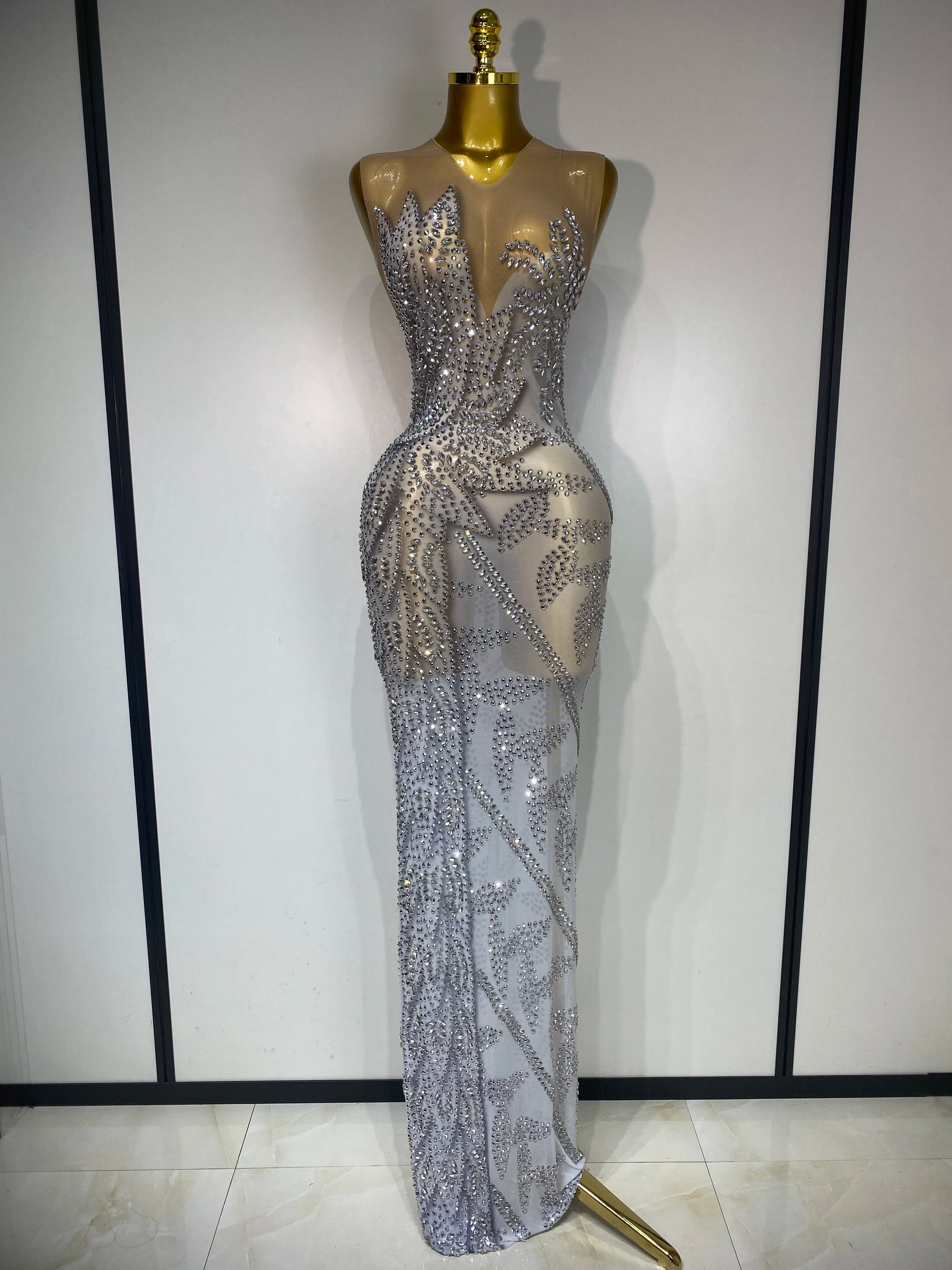 Luxury Rhinestone Sleeveless Silver Long Dress Women Sexy Mesh See Through Evening Prom Birthday Photo Shoot Singer Stage Outfit