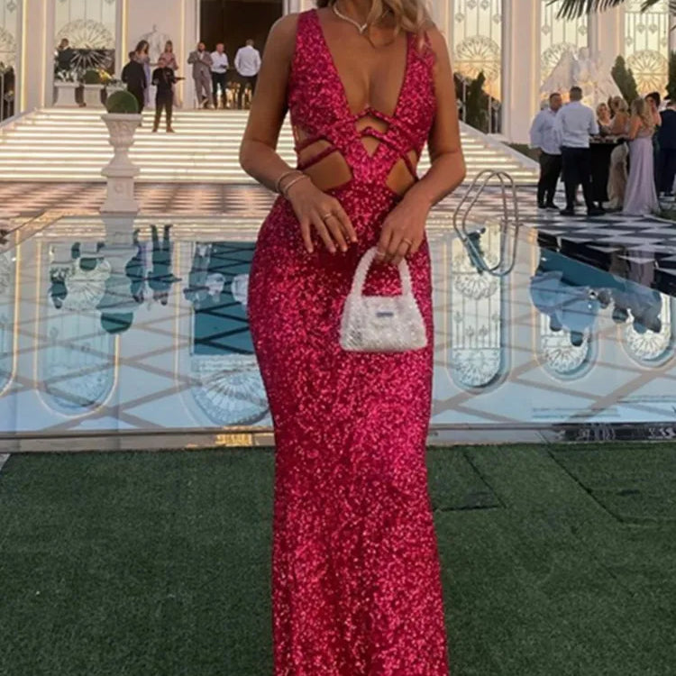 Women Luxury Sexy V Neck Cut Out Red Sequins Maxi Long Gowns Dress 2024 Elegant Evening Party Club Dress Vestido
