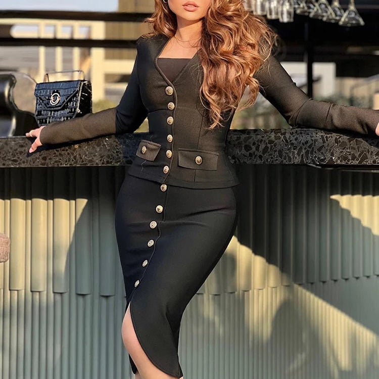 Woman Dress Sets New Chic Button Design Two Pieces Set Celebrity Party Club Bodycon Bandage Skirt Suits