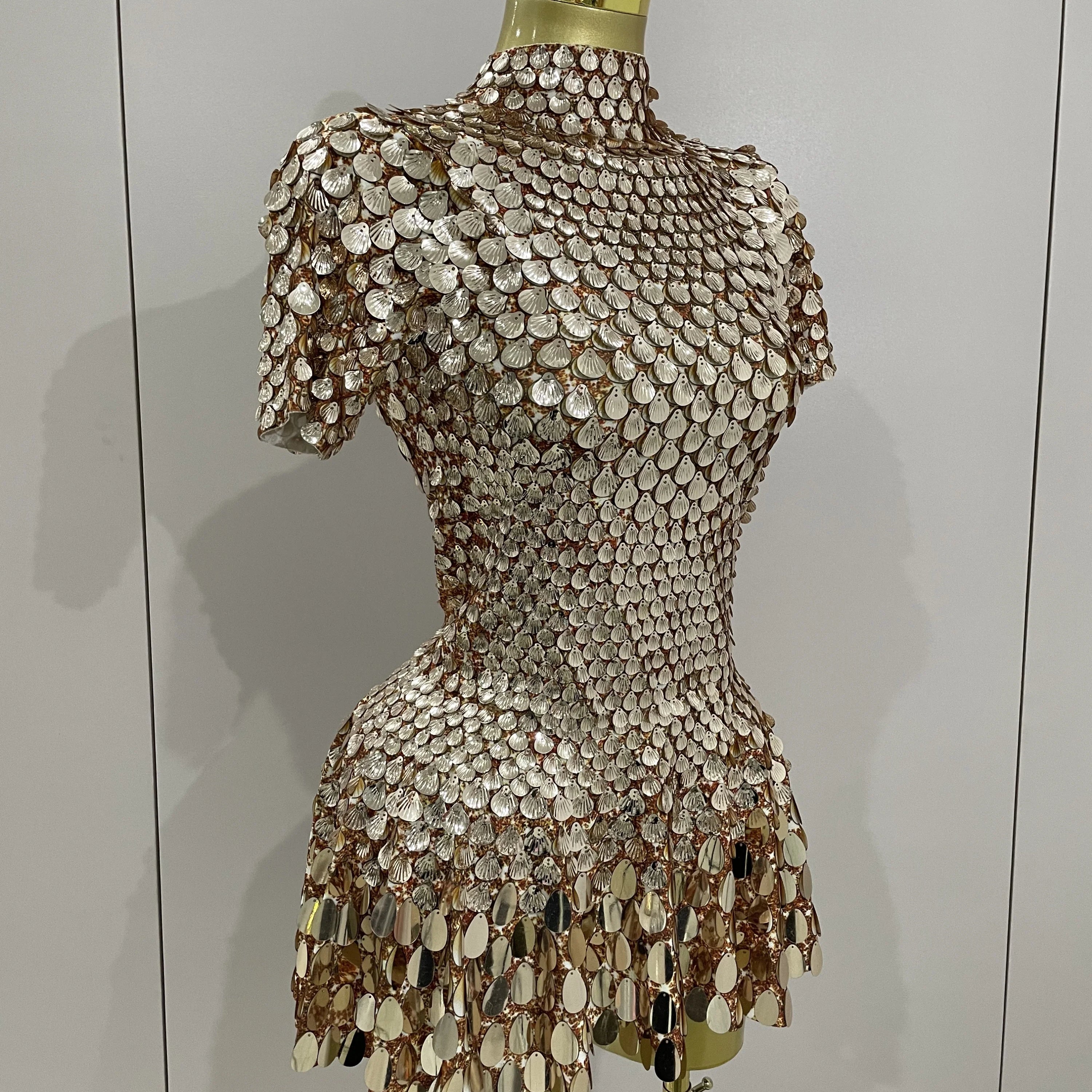 Luxury High Quality Shiny Shell Sequins Bodysuit Dress Women Sexy Nightclub Dance Performance Clothing Birthday party Dresses