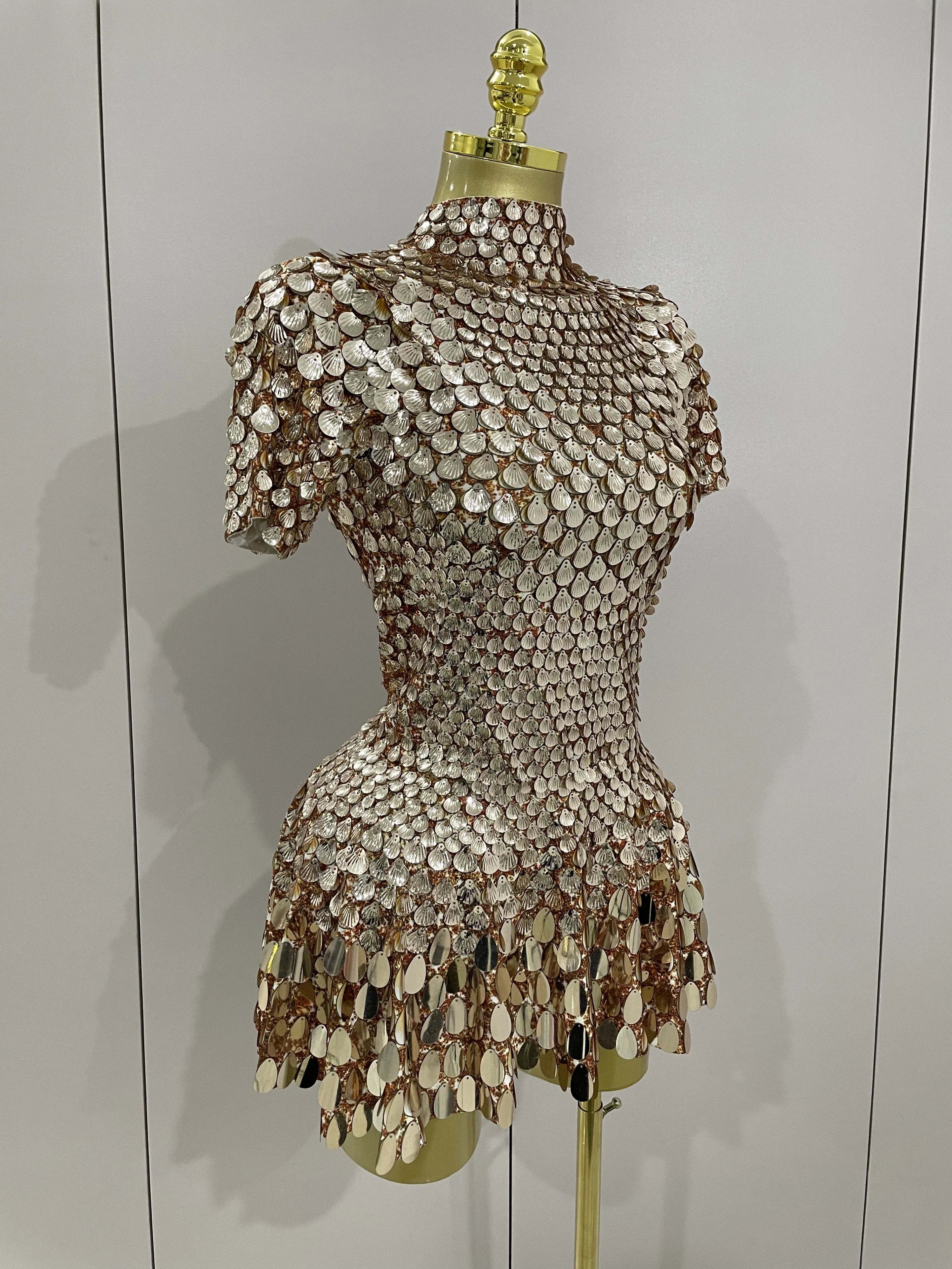 Luxury High Quality Shiny Shell Sequins Bodysuit Dress Women Sexy Nightclub Dance Performance Clothing Birthday party Dresses