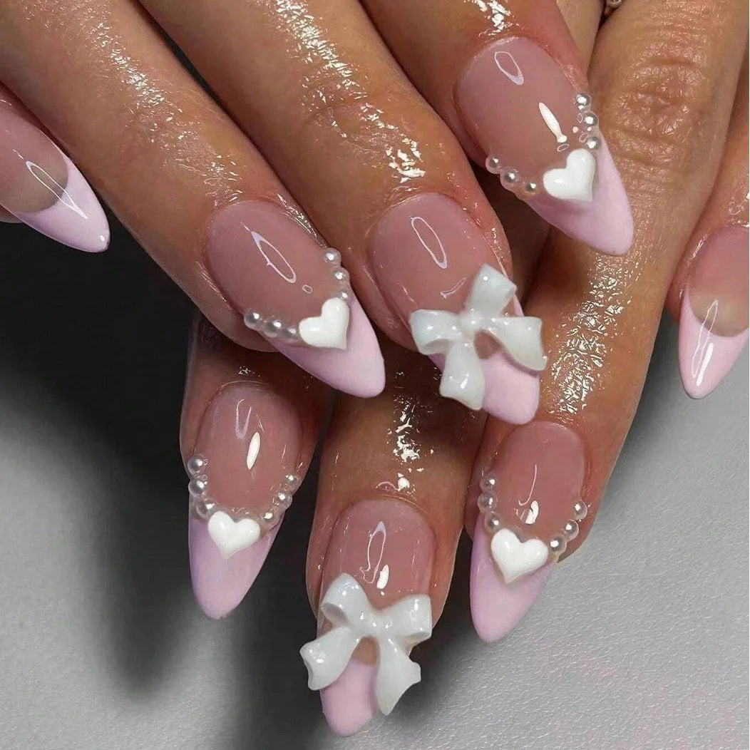 Pink French Style Fake Nails Almond Ballerina Press on Nails 3D Bowknot Designs Nude Color Stick-on False Nails Tips 24Pcs