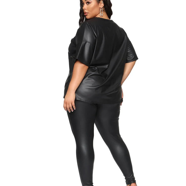 Women Summer Clothes Leather Outfit 2 Piece Set Short Sleeve Blouse Top and Stretchy Leggings Ladies Plus Size Pu Suits in Black