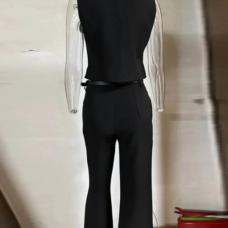 Solid Casual Vest Pants Women 2 Piece Set V-neck Sleeveless Single Breasted Vests Wide Trousers Summer Office Lady Outfit