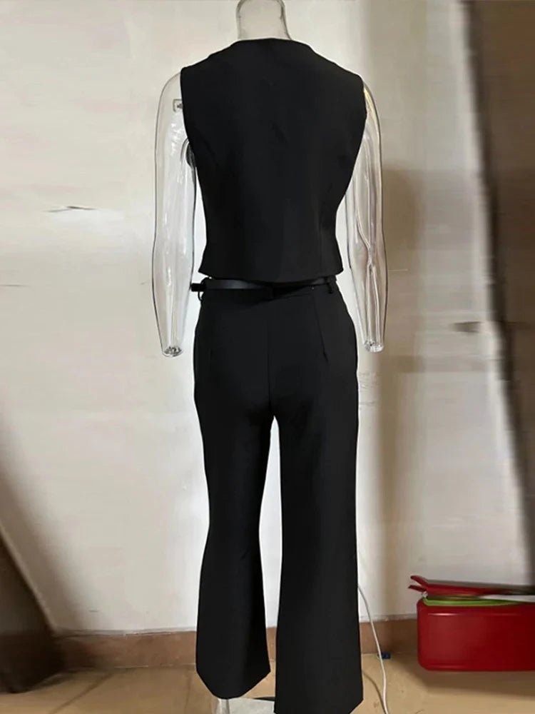 Solid Casual Vest Pants Women 2 Piece Set V-neck Sleeveless Single Breasted Vests Wide Trousers Summer Office Lady Outfit