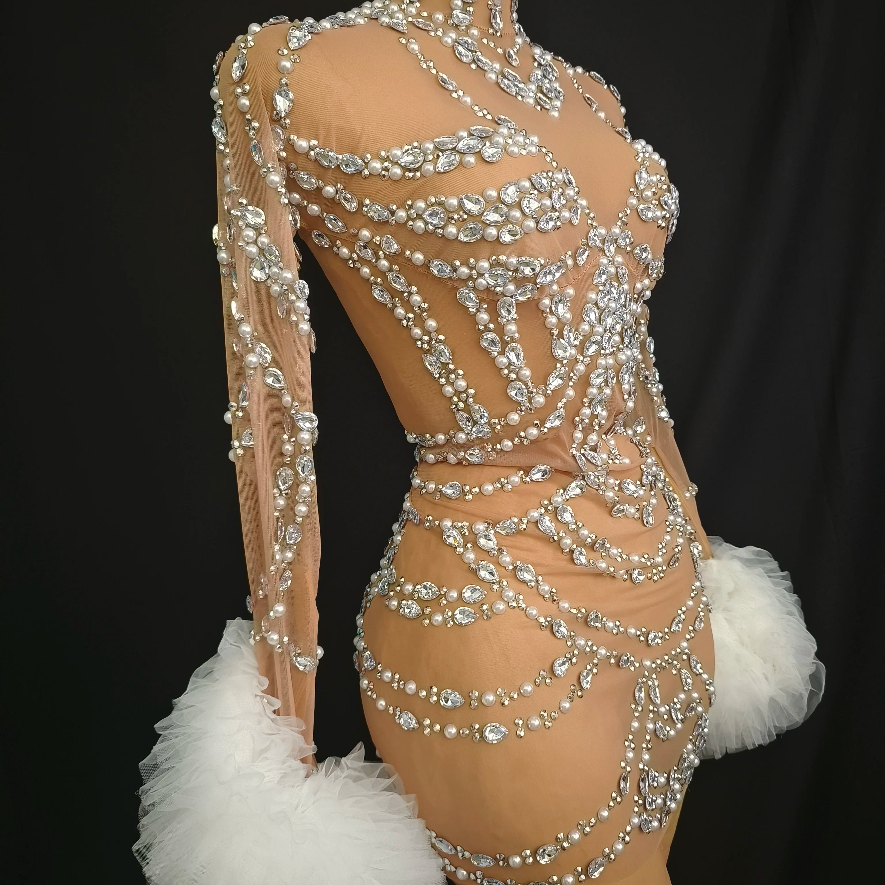 Women Sexy Mesh Nude Stretchy Long Sleeve Night Club See Through Singer Dancer tage Costume Mini Party Dress