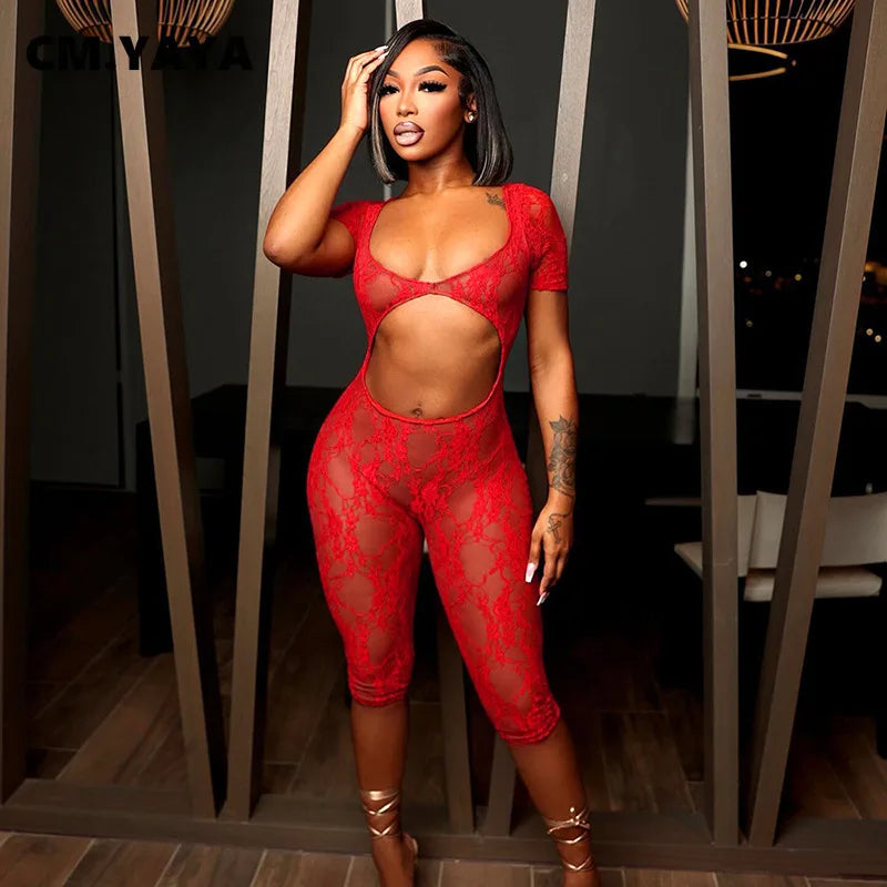 CM.YAYA 2024 Spring Short Sleeve Backless Women Lace Hollow Out Casual Rompers Playsuit Short Jumpsuits V-neck One Piece Outfits