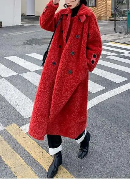 Pure Wool Shearling Coat for women,Long Female Slim Fur One Lamb Fur Coat,autumn/Winter 2024,New Square collar red
