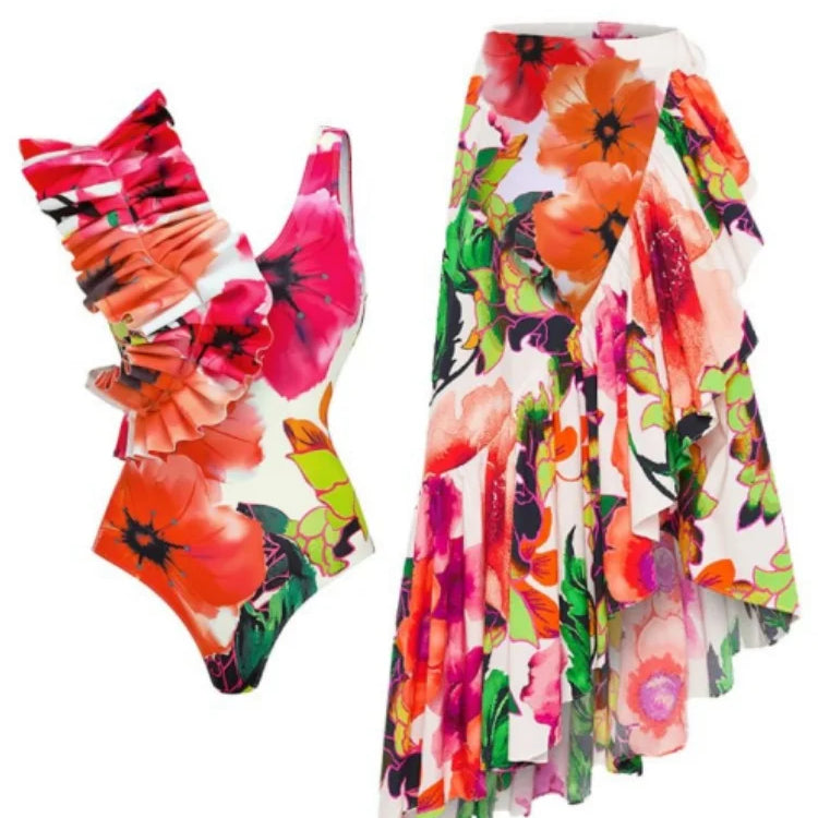 New Flower Printed Ruffle One Piece Women Swimsuit Swimwear with Skirt Ruffle Bathing Suit Monokini Beach Wear Bodysuit