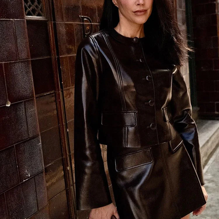 Fashion Leather Coat Skirt Sets Women Autumn Winter O-neck Long Sleeve Single Breasted Coats Mini Skirts Two Piece Set Lady