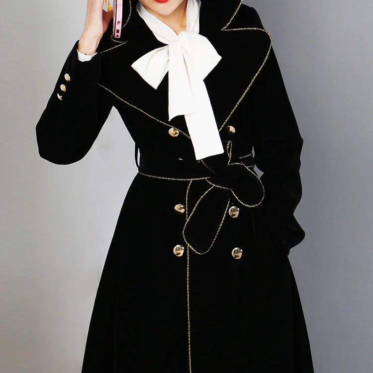 Spring Autumn Long Black Velvet Trench Coat for Women with Gold Trim Sashes Double Breasted Luxury Designer Fashion 2022