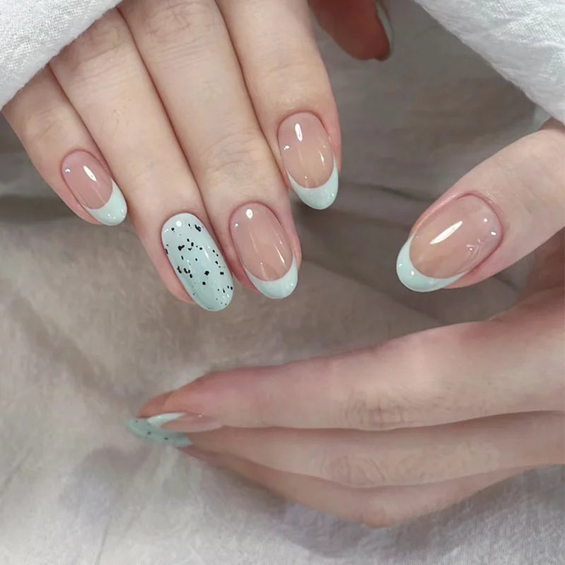 24Pcs Acrylic Round Head Fake Nail Tips Reusable Blue French False Nails Set Simple Almond Oval Full Cover Press on Nails