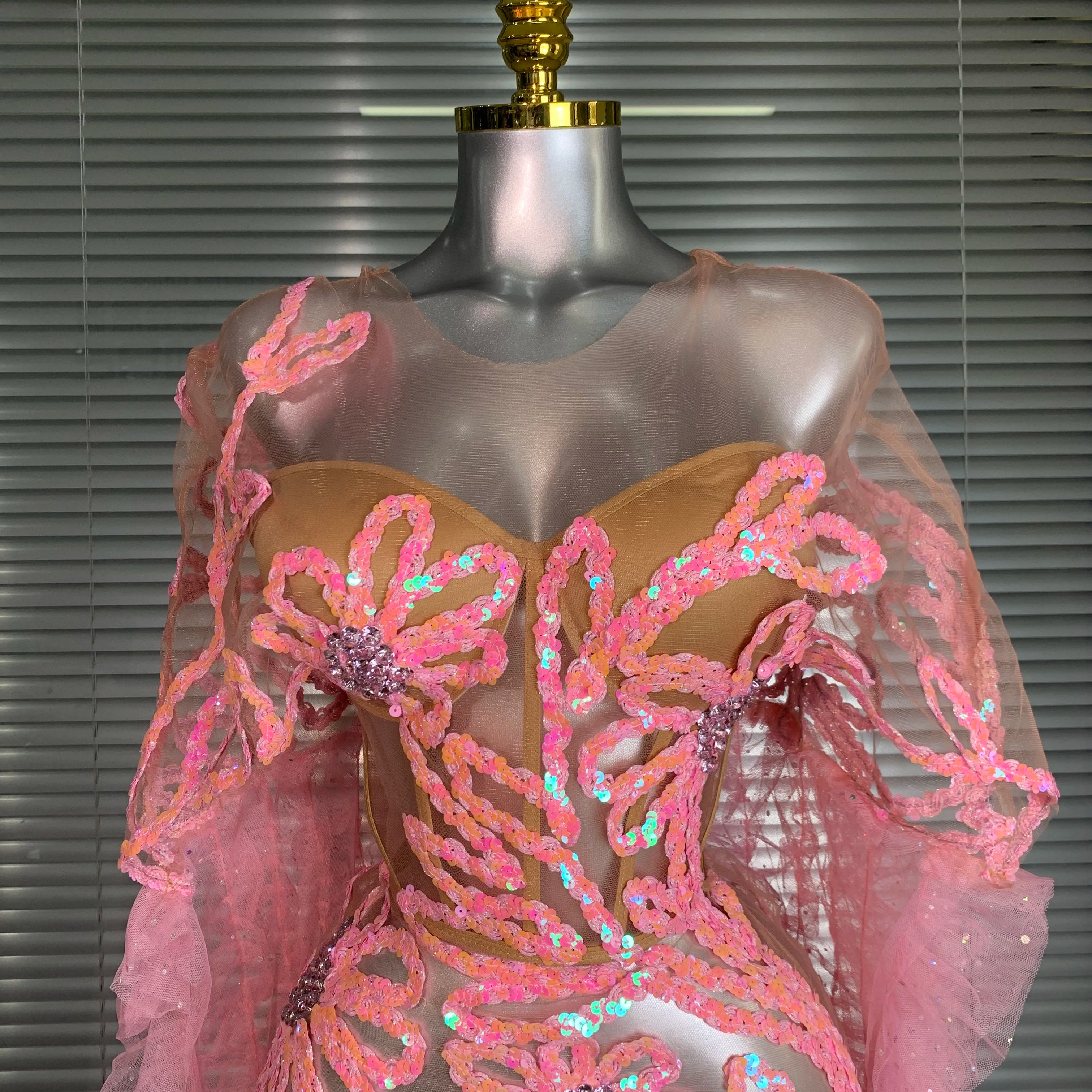 New Women Sexy Mesh Sheer Sequins Pink Maxi Dress See Through Sparkly Shining Party Costume Stage Performance Dress