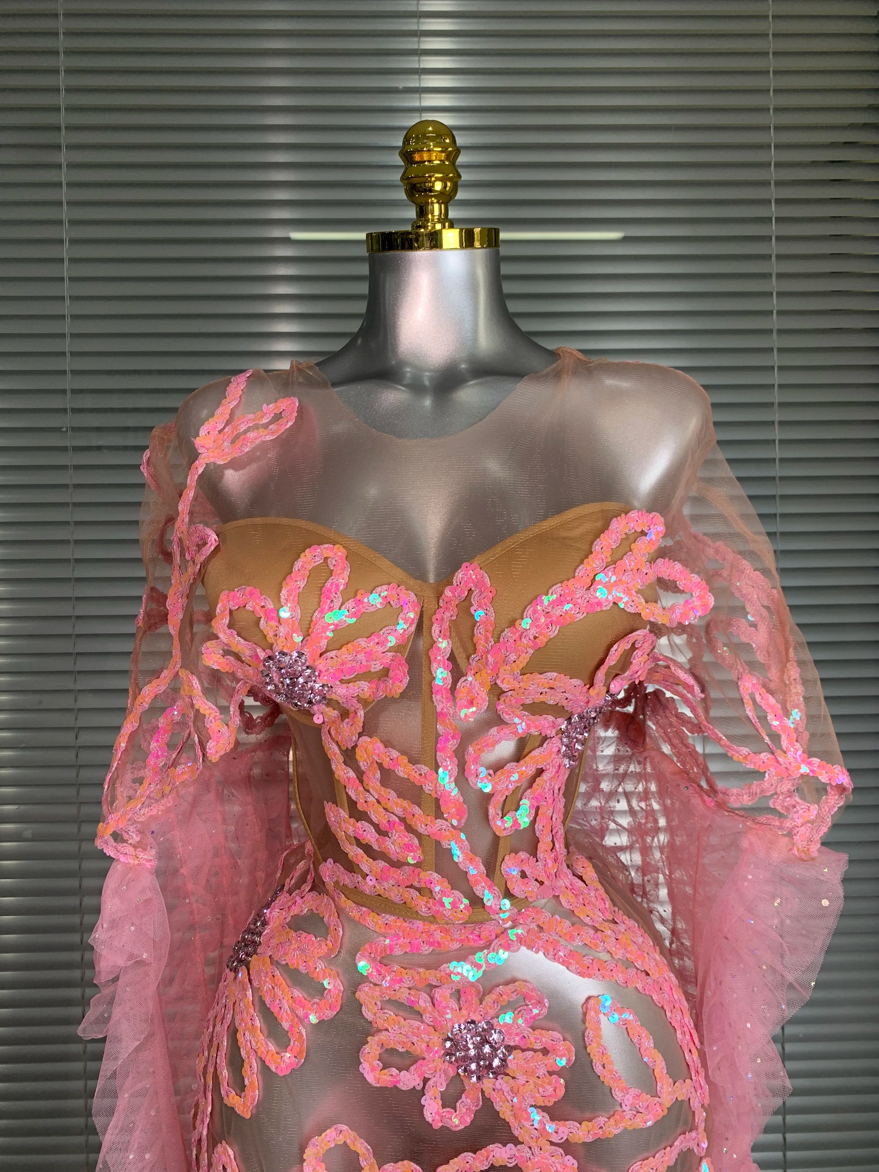 New Women Sexy Mesh Sheer Sequins Pink Maxi Dress See Through Sparkly Shining Party Costume Stage Performance Dress