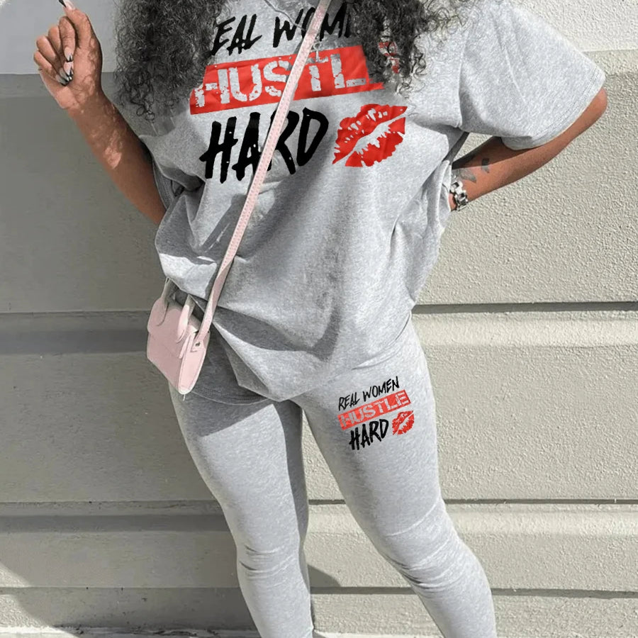 LW Plus Size Two pieces sets Print Pants Set Spring summer casual short sleeve T-shirt + trousers women matching tracksuit set