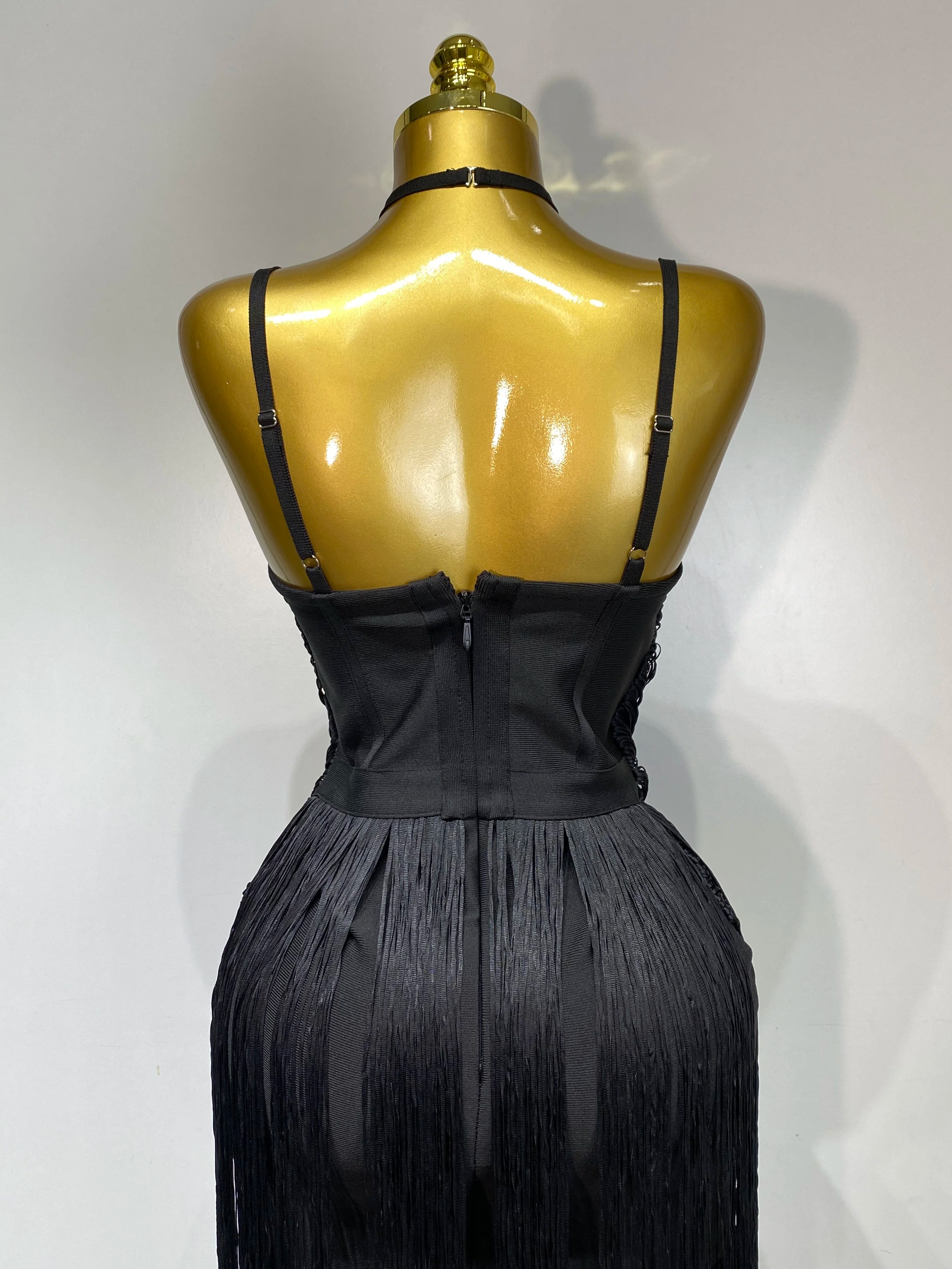 Women Sexy Backless Tassel Black Ankle Bodycon Bandage Dress 2025 Celebrity Elegant Evening Club Luxury Birthday Party Dresses