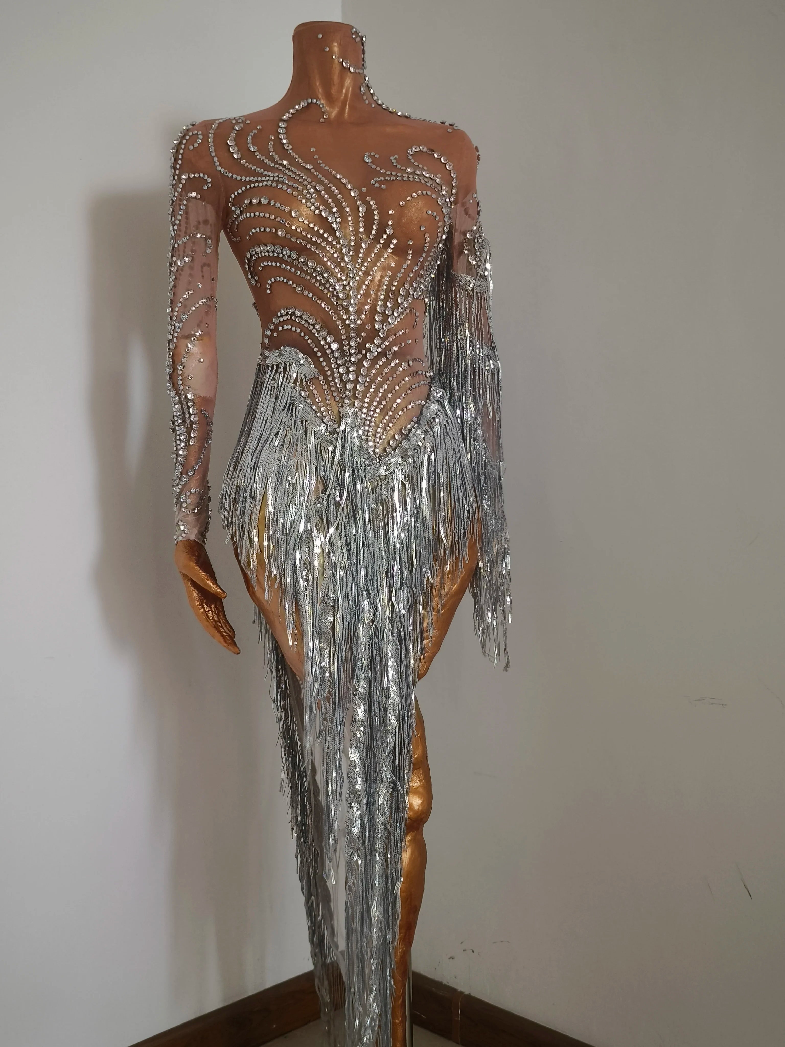 Sparkly Rhinestone Sequins Tassel Sexy Mesh See Through Dress Women Evening Birthday Party Nightclub Dance Singer Stage Outfit