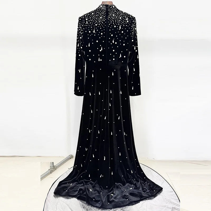 TWOTWINSTYLE Slimming Luxurious Dresses for Women Round Neck Long Sleeves Patchwork Bead Temperament Dress Female Clothing New