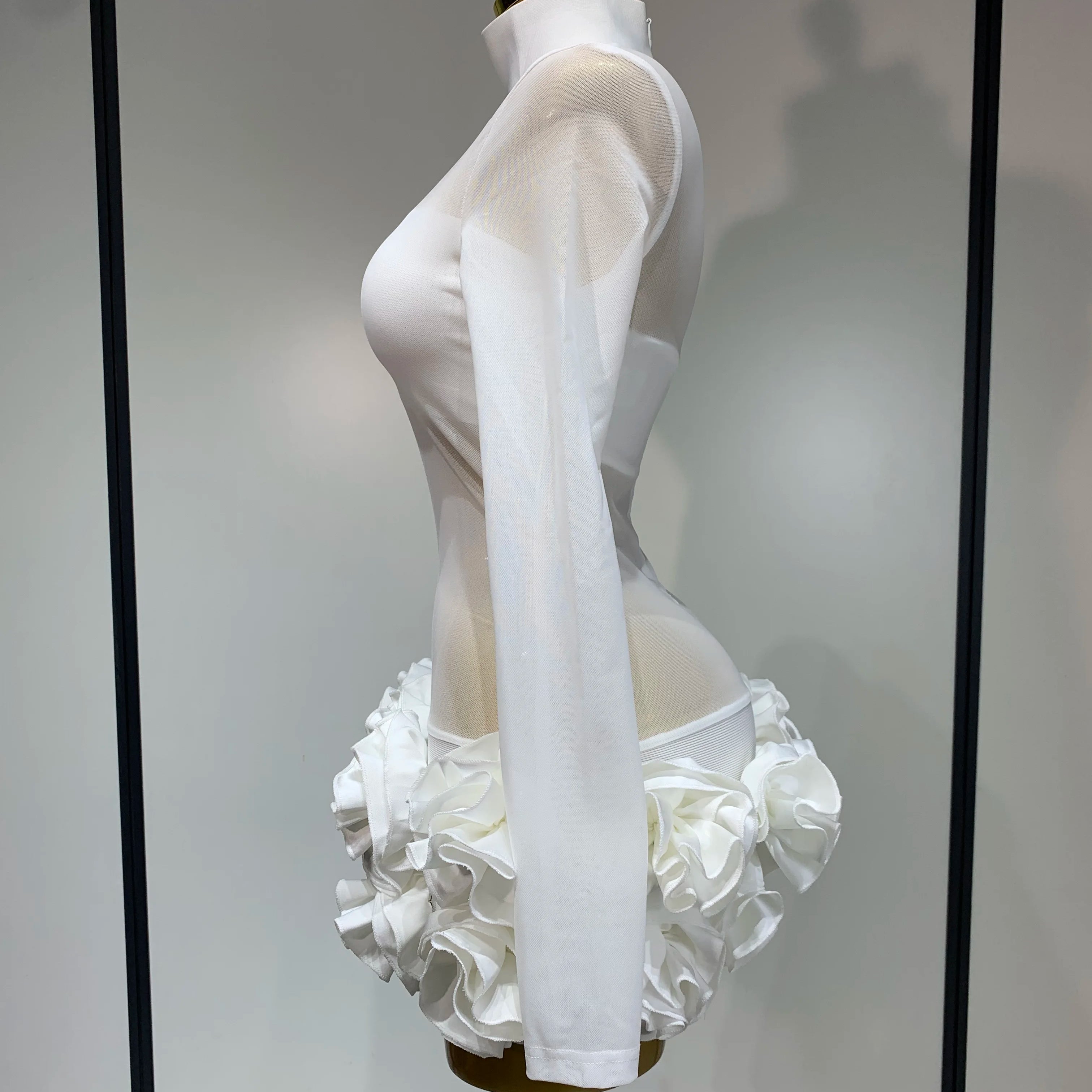 Women Sexy Mesh See through Stereoscopic Flowers White Red Mini Bandage Dress Birthday Evening Party Club Singer Perform Costume