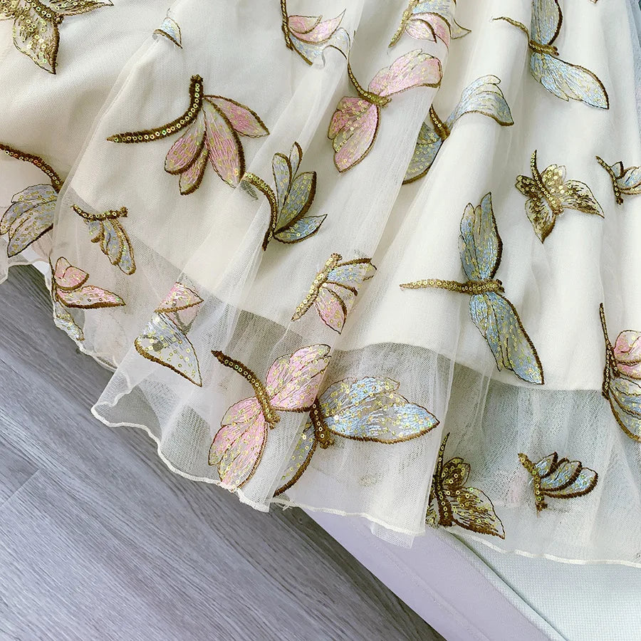Luxury Sequines Dragonfly Embroidered Tulle Skirts Womens New Summer Fairy Glitter Mesh Skirts High Waist Long Tutu Skirts