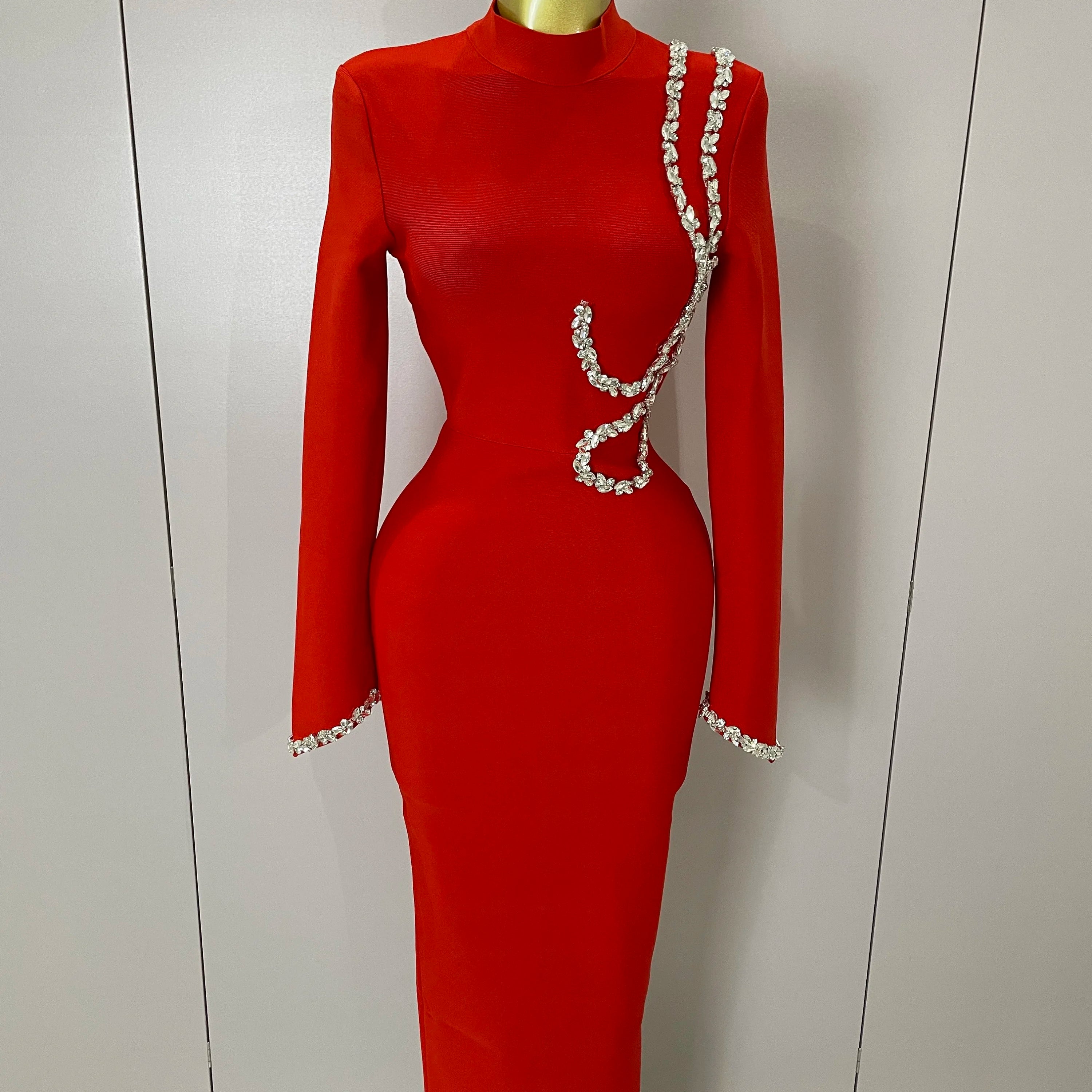 Sexy Long Sleeve Diamonds Maxi Long Bodycon Bandage Dress 2025 Women Celebrity Elegant Evening Party Luxury Birthday Dresses