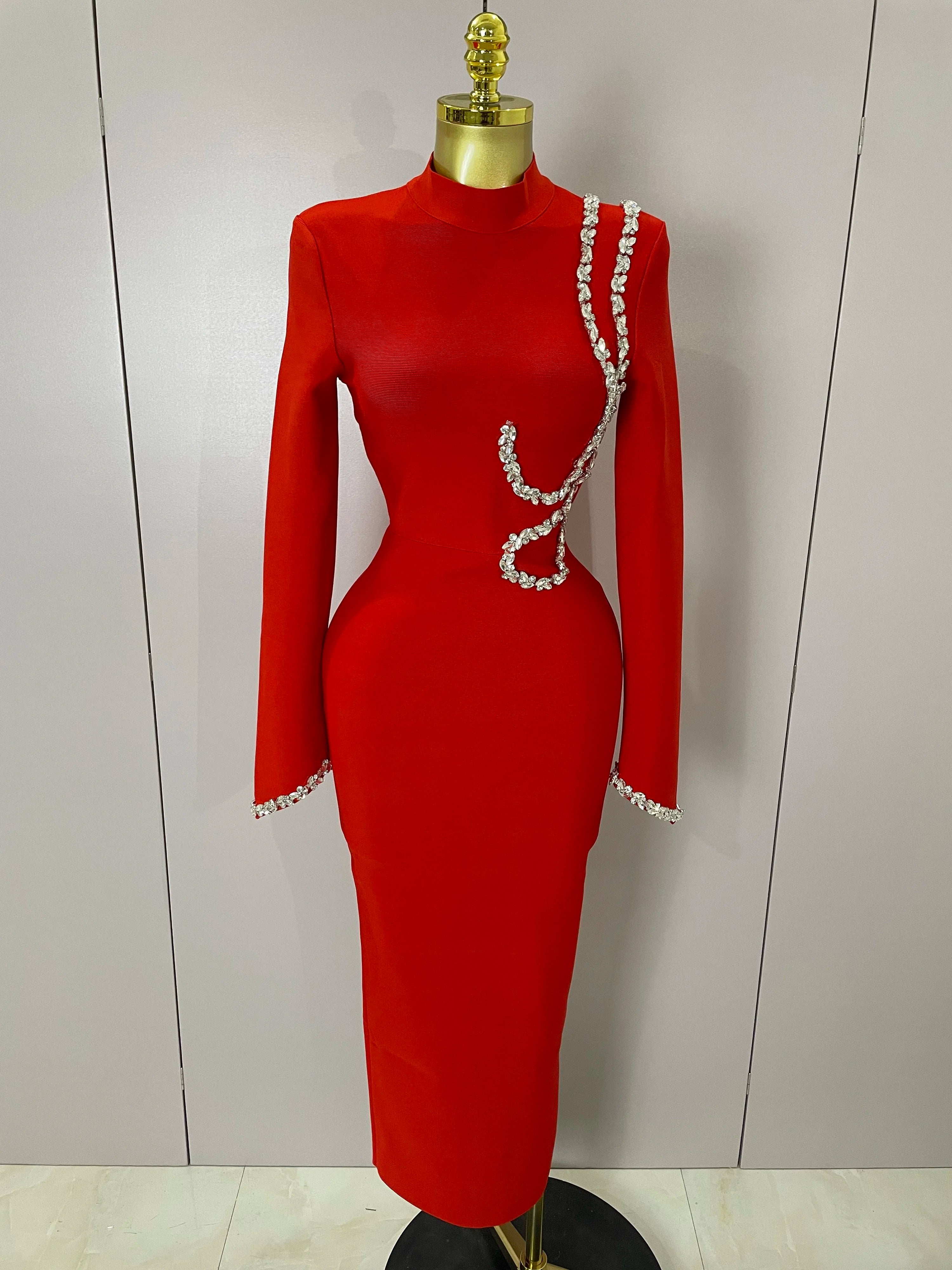 Sexy Long Sleeve Diamonds Maxi Long Bodycon Bandage Dress 2025 Women Celebrity Elegant Evening Party Luxury Birthday Dresses