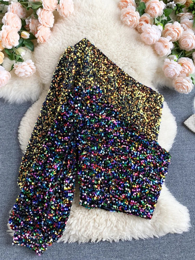 Fall 2024 Oblique Collar T-shirt Strapless Unilateral Puff Sleeve Slim Fit Short Sequined Top