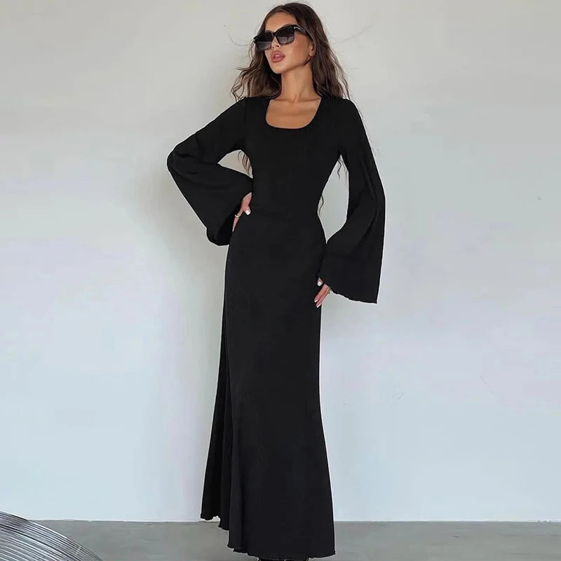 Solid Ribbed Trumpet Sleeves Maxi Dress Back Lace-Up Straps Elegant Casual 2023 Autumn Winter For Women Birthday black