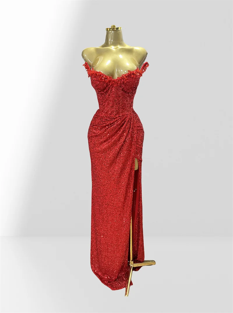 Haute Couture Red Sequins Sexy Off The Shoulder High Split Ankle Lenght Dress Woman Birthday Party Dress Celebrity Patry Outfit