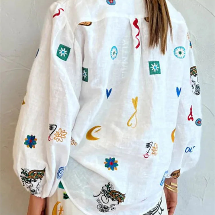 Casual Women's Print Shirt Lantern Sleeve Single Breasted Turn-down Collar Female Shirts Fashion Cartoon Lady Top Street