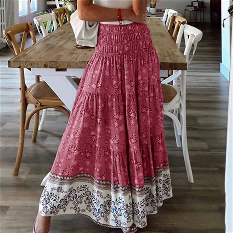 Sweet Style Casual Floral Print Skirts Vestido Summer Women Elastic High Waist Maxi Long Skirts Boho Ladies Holiday Beach Skirts Red