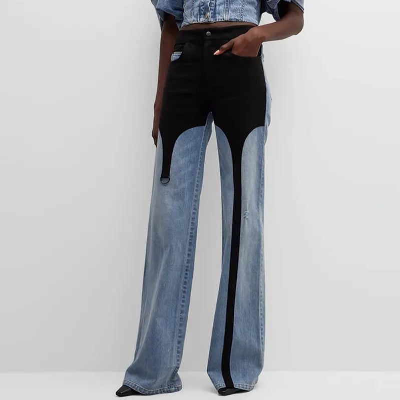 Kvinders høje talje jeans lige ben farveblok forår efterår afslappet denim bukser