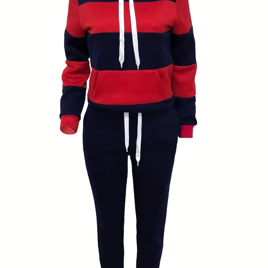 LW Plus Size Sporty Hooded Collar Striped Tracksuit Set Black White Patchwork Kangaroo Pocket Design Tracksuit Sportswear Set