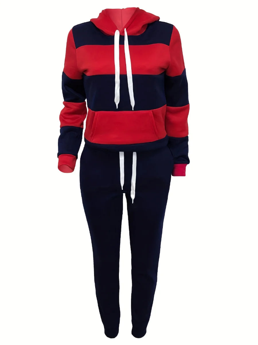 LW Plus Size Sporty Hooded Collar Striped Tracksuit Set Black White Patchwork Kangaroo Pocket Design Tracksuit Sportswear Set