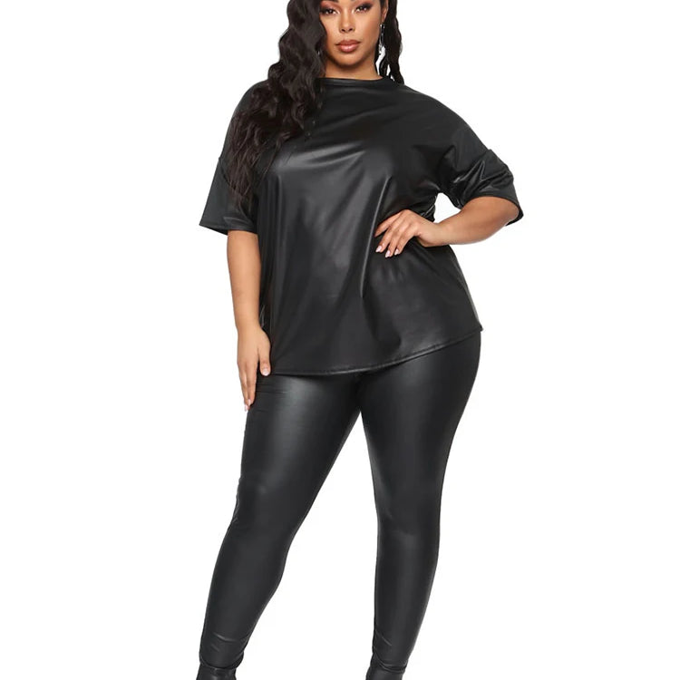 Women Summer Clothes Leather Outfit 2 Piece Set Short Sleeve Blouse Top and Stretchy Leggings Ladies Plus Size Pu Suits in Black