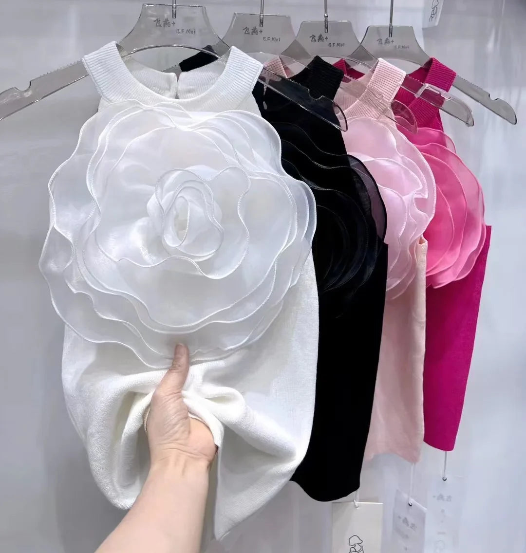 Summer New Arrival Knitwear Sexy Crop Tank Top Femme Black White 3D Flower Sexy Sleeveless Knitted Top Slim Fit Halter Vest WHITE One Size