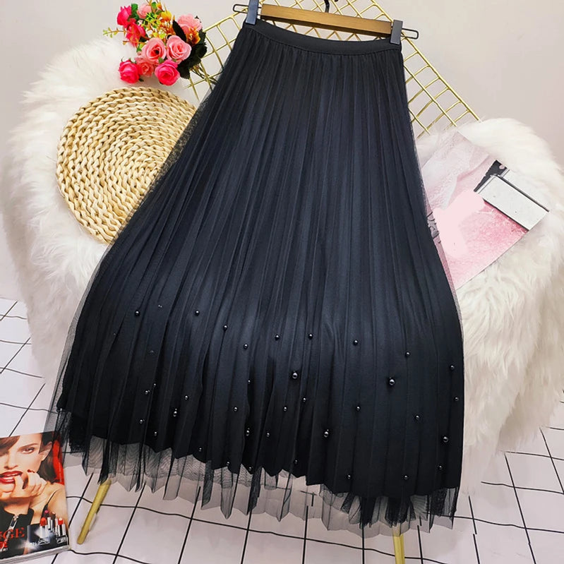 Both Sides Wear Pearls Mesh Skirt Women Summer Velvet High Waist Long Skirts Woman Solid Color A Line Pleated Skirts