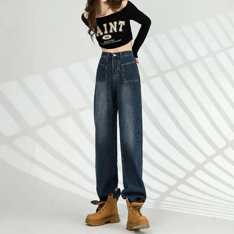 Autumn Winter New Straight Tube Women's Jeans American High Street Baggy Pants Woman Blue Gray Color Women's High-waisted Jeans