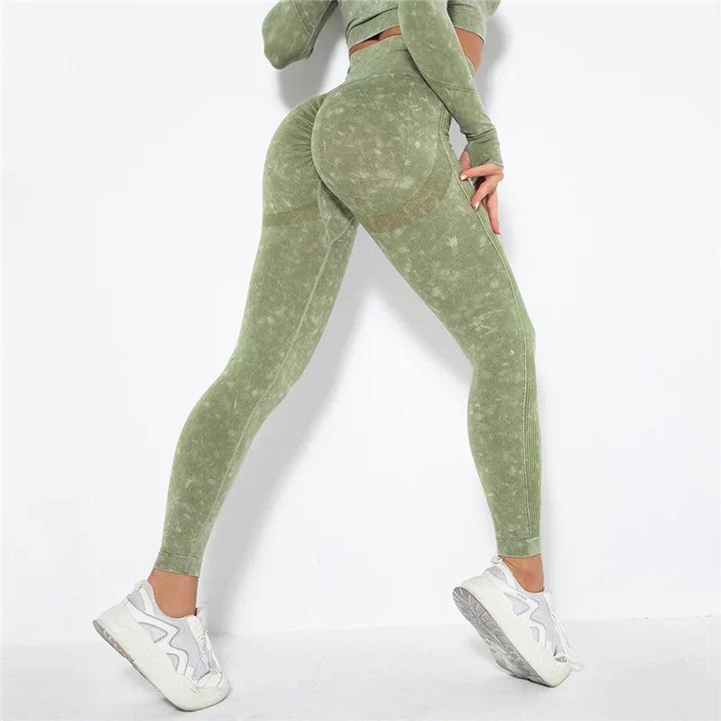 Women Seamless Yoga Set Fitness Sports Suits Gym Clothing Long Sleeve Crop Top Shirts High Waist Running Leggings Workout Pants Army Green 1pc