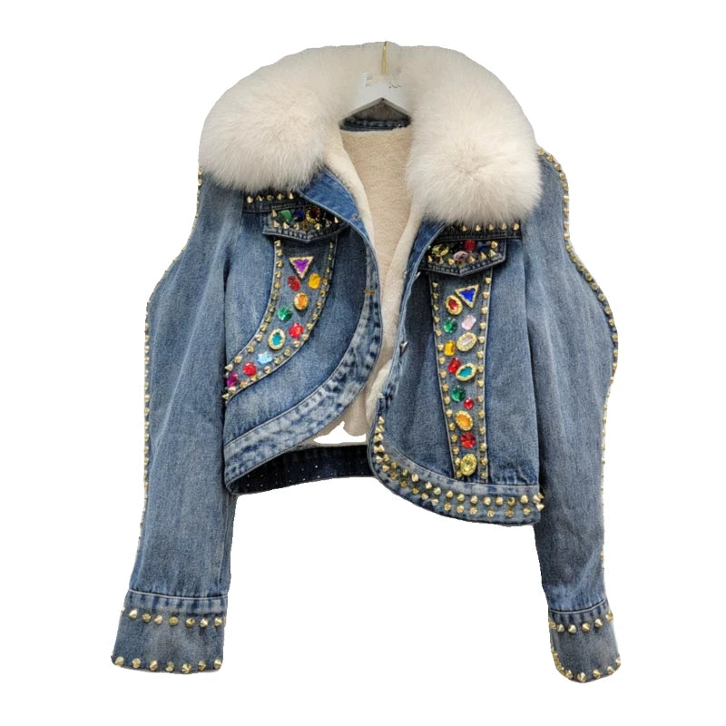 European Street Winter Denim Jacket Women's Fleece-Lined Thickened Warm Street Short Parka Clothes Casaco Feminino