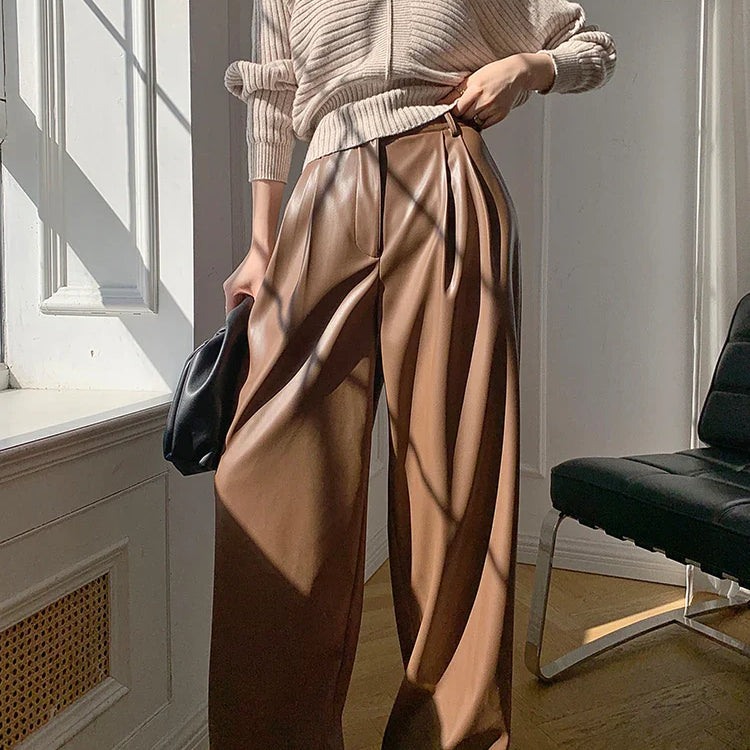 Spring Autumn Loose Casual Soft Black Burgundy Pu Leather Wide Leg Pants for Women High Waist Korean Style Fashion 2023