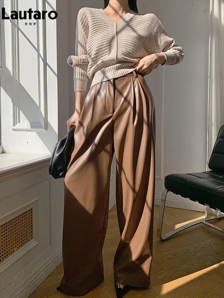 Spring Autumn Loose Casual Soft Black Burgundy Pu Leather Wide Leg Pants for Women High Waist Korean Style Fashion 2023