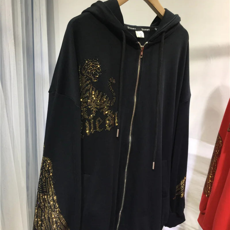 Plus Size Women Clothing Rhinestones Zip Up Hoodies & Sweatshirt Women Men Winter Autumn Luxury Brand Hoodie Woman Blouse
