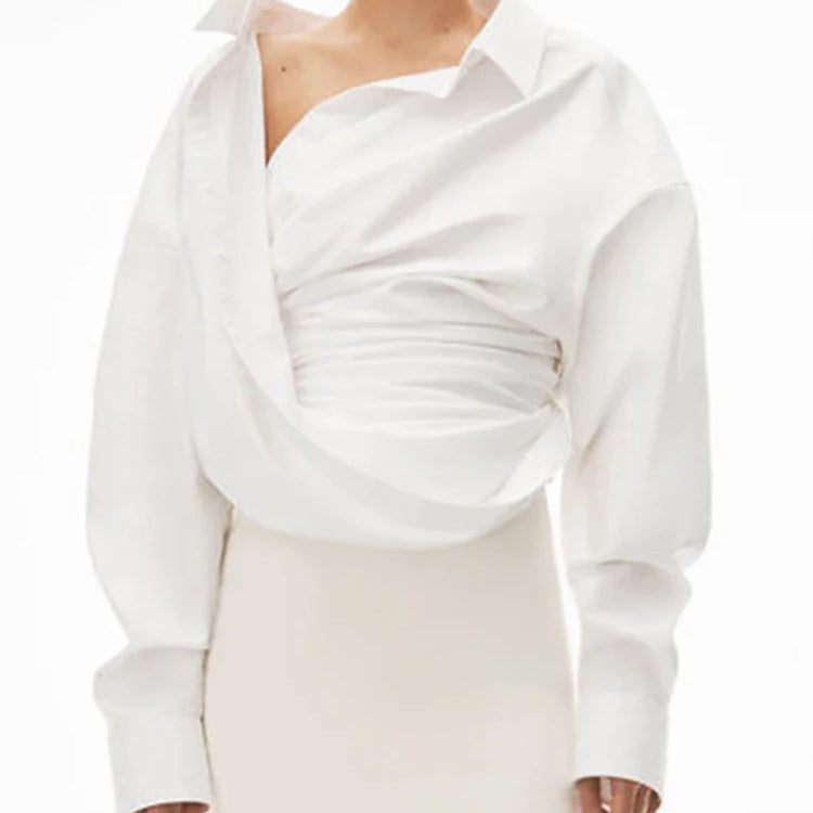 TWOTWINSTYLE Solid Irregular Designer Blouses For Women Lapel Long Sleeve Patchwork Button Casual Blouse Female Fashion Clothing WHITE